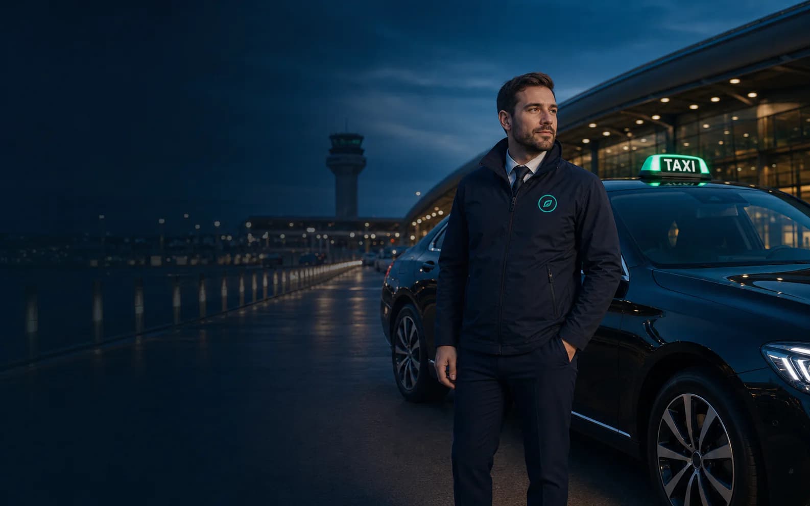RideAdvisor driver at an airport taxi pickup