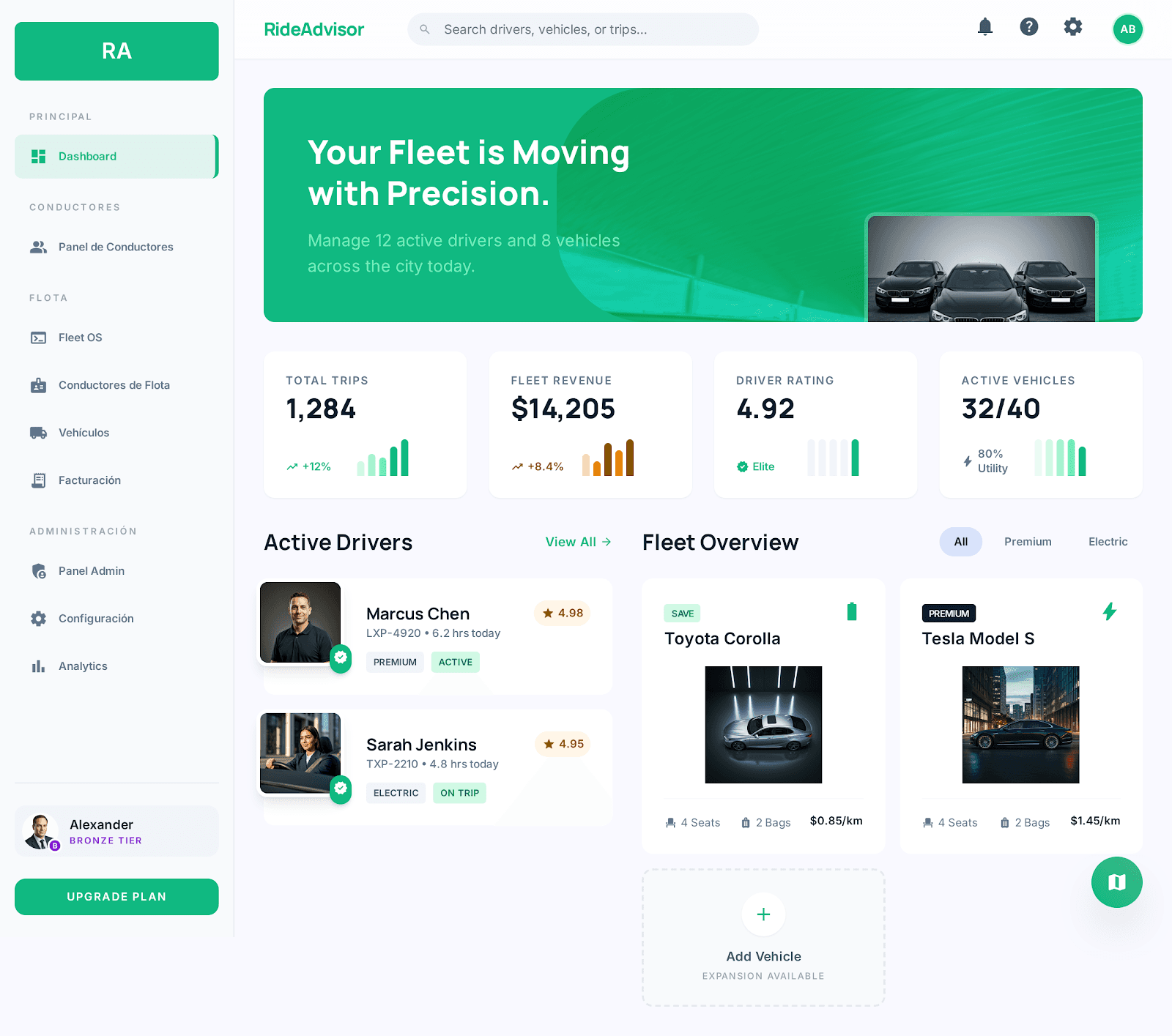 Dashboard de flota con vehículos y conductores